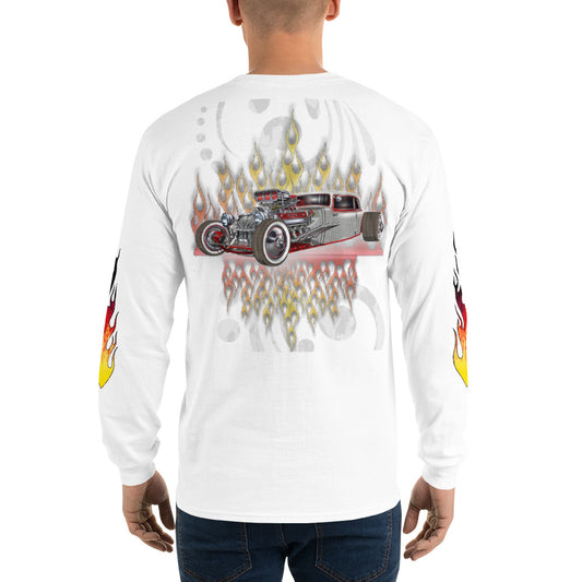 Men’s Long Sleeve Shirt - Hot Rod w/Flames on sleeves - SRQ Diecast Custom Apparel