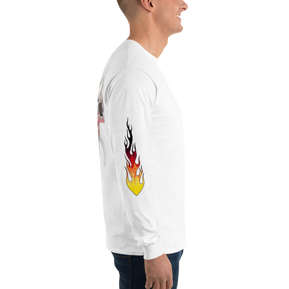 Men’s Long Sleeve Shirt - Hot Rod w/Flames on sleeves - SRQ Diecast Custom Apparel